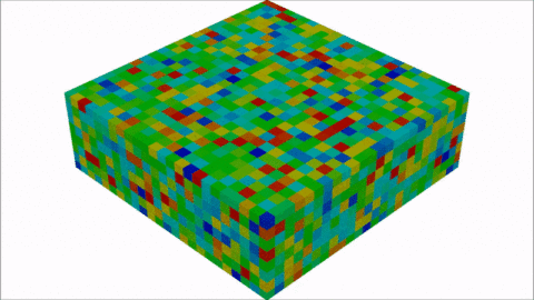 Flächiges Aufschmelzen und Erstarren (Farbskala zeigt Orientierung der Körner) von vier Schichten mit einer Rotation der Scanrichtung um 90° je Schicht