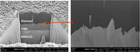 FIB Schnitt durch Substrat, Zwischenschicht und Diamantschicht